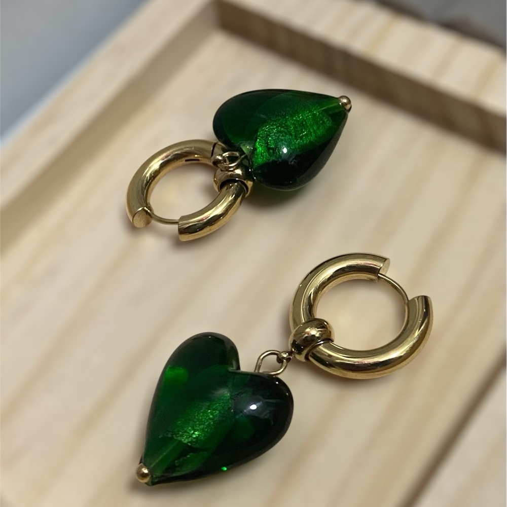 Gold tone and Green Heart Earrings with Glossy Finish